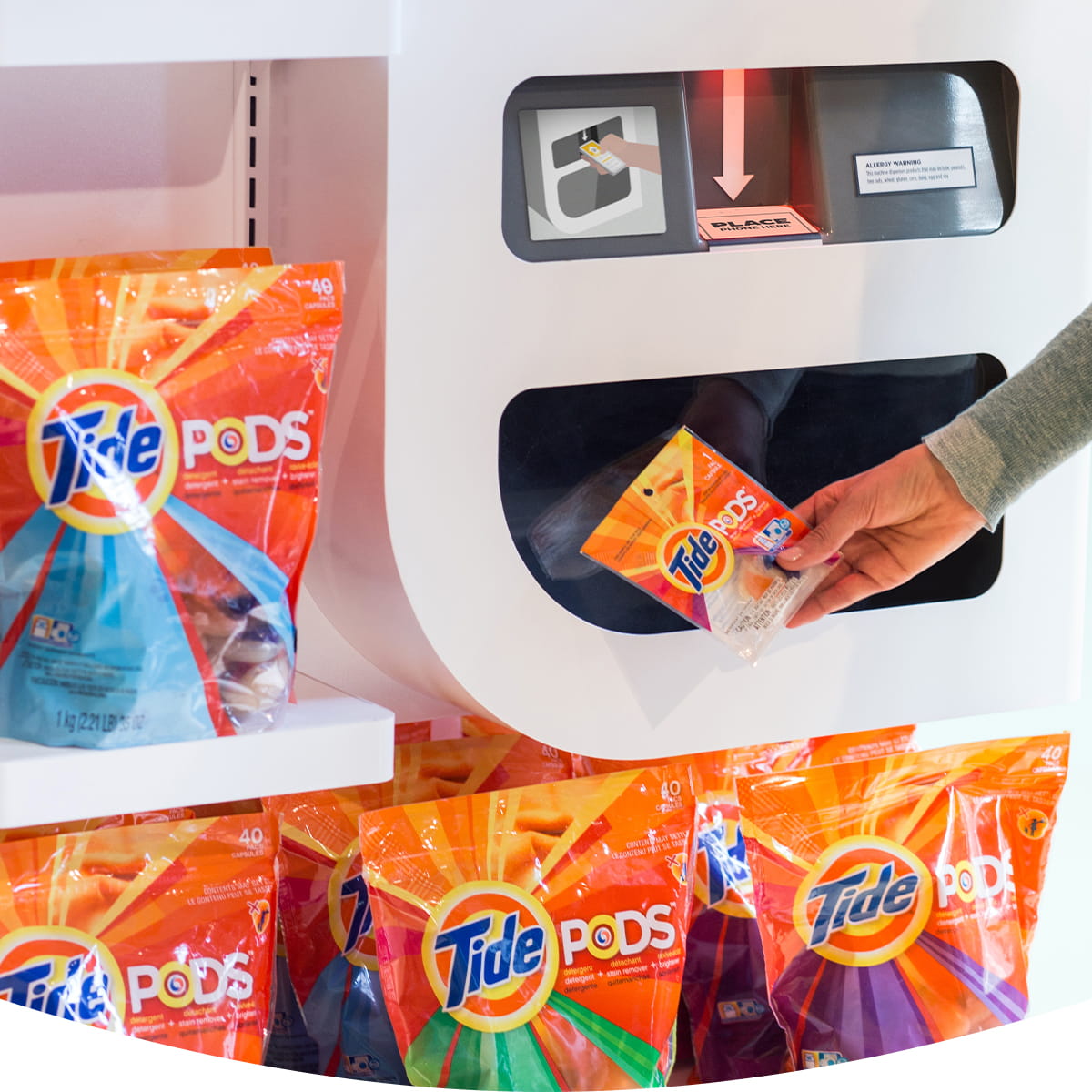 Tide Pods sample dispensing from a Freeosk